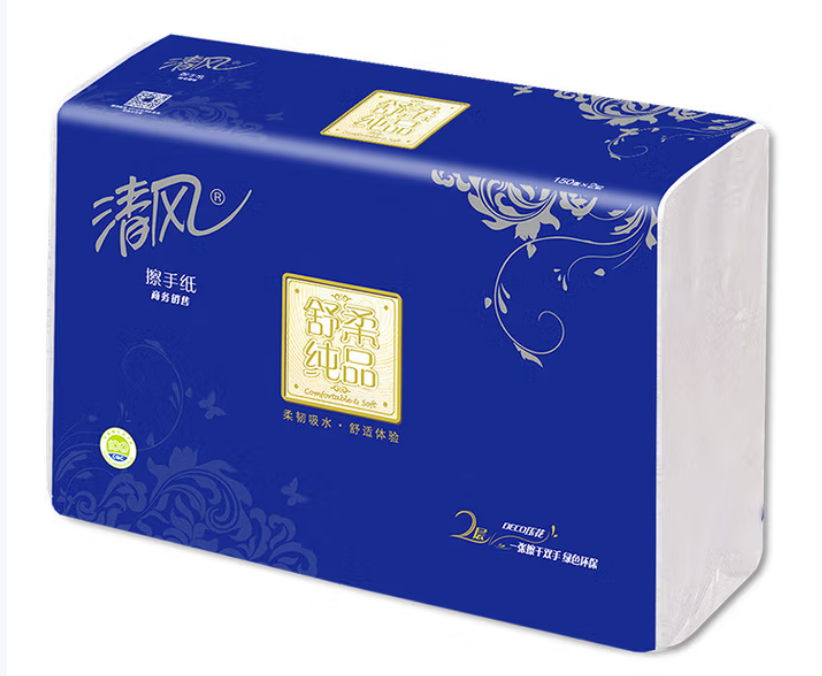 清风舒柔纯品(银装）2层DECO压花150张擦手纸