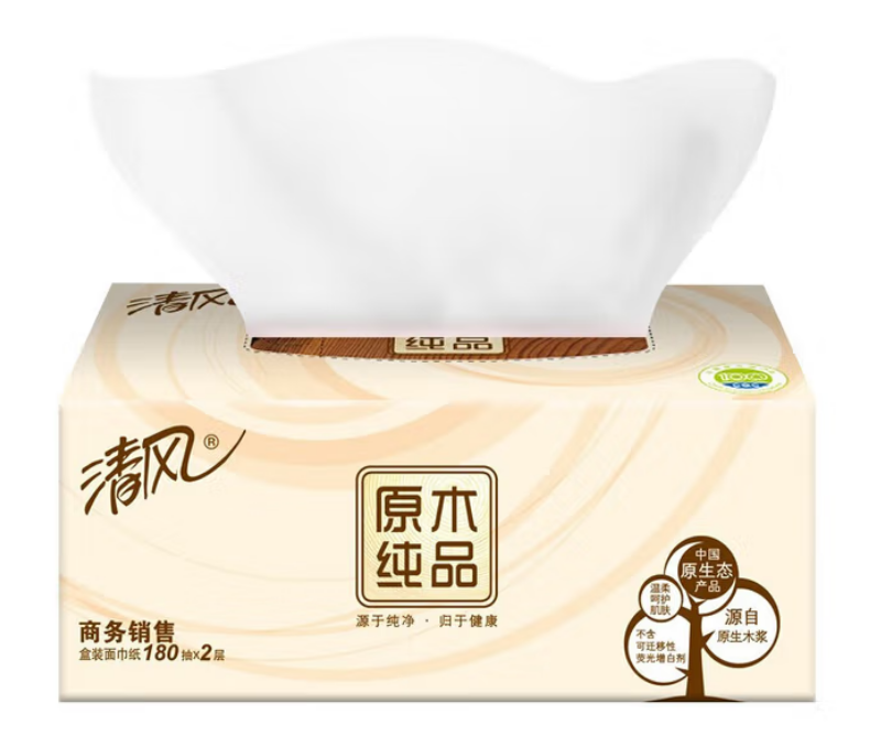清风原木纯品2层180抽盒装面巾纸