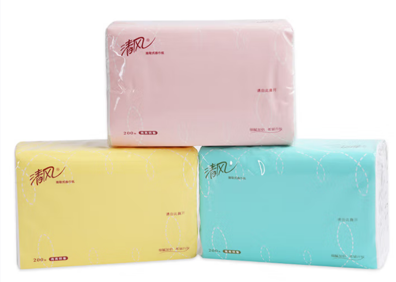 清风2层小规格200抽糖果色3包装抽取式面巾纸